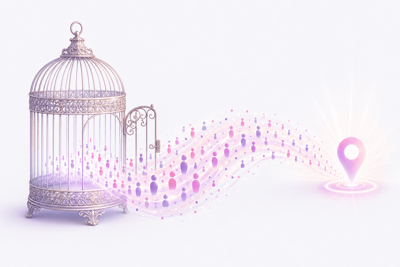 An open birdcage with luminous followers streaming out toward a glowing map-pin anchor.