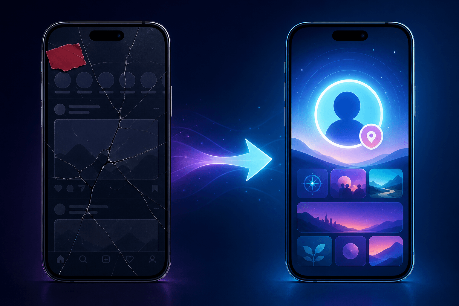 Two phones side by side: a cracked rented social-feed screen on the left and a clean owned portal home page on the right.