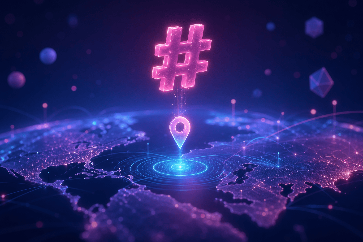 A glowing #hashtag symbol descending into a luminous map pin on a stylized world map.