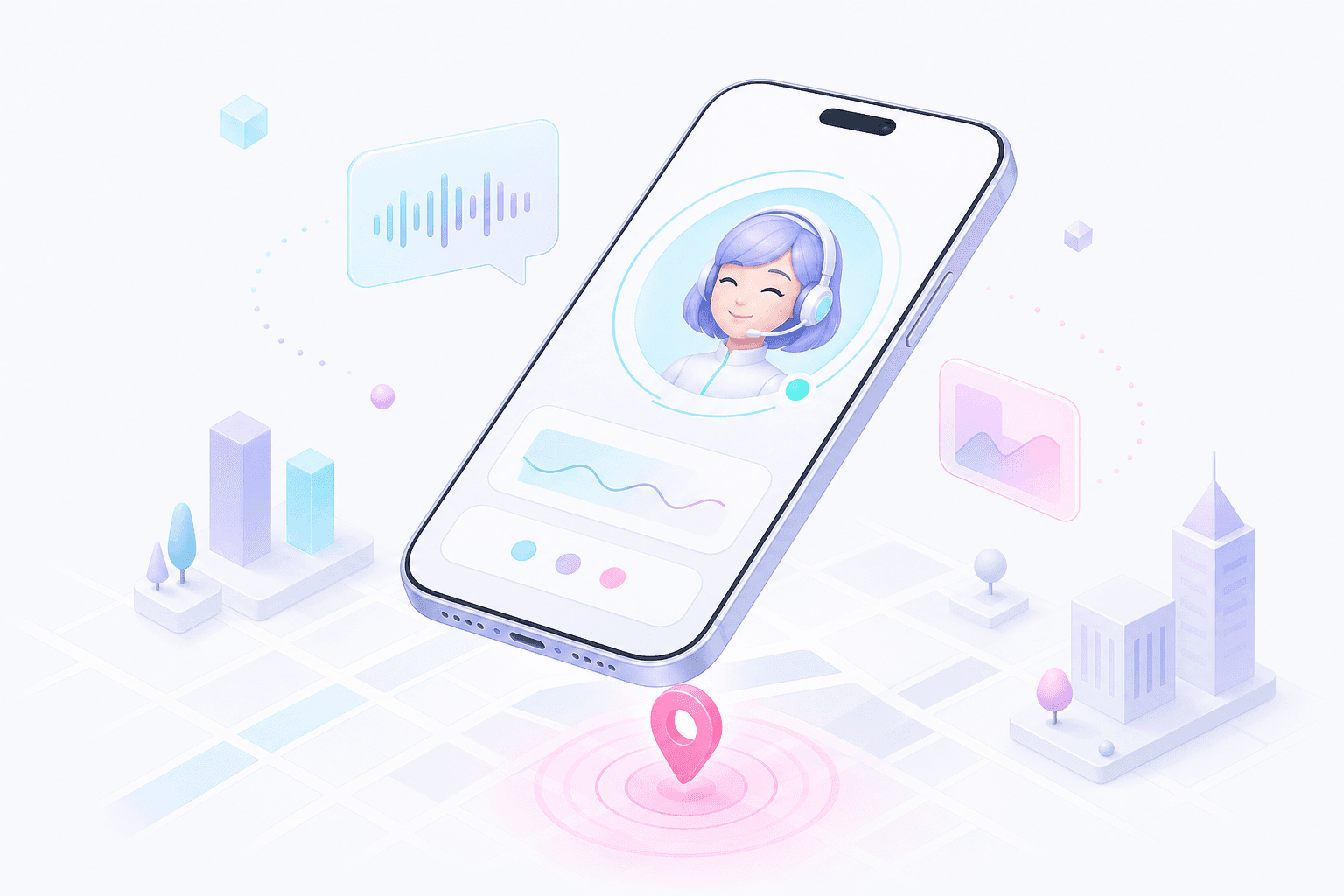 A floating phone mockup showing a portal page with an AI agent avatar and a glowing map pin beneath the phone.