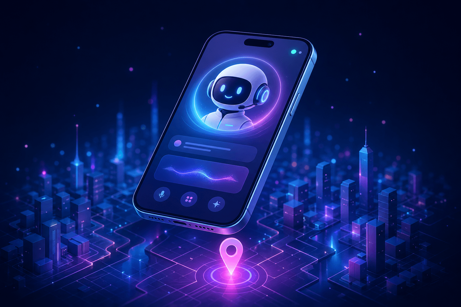 A floating phone mockup showing a portal page with an AI agent avatar and a glowing map pin beneath the phone.