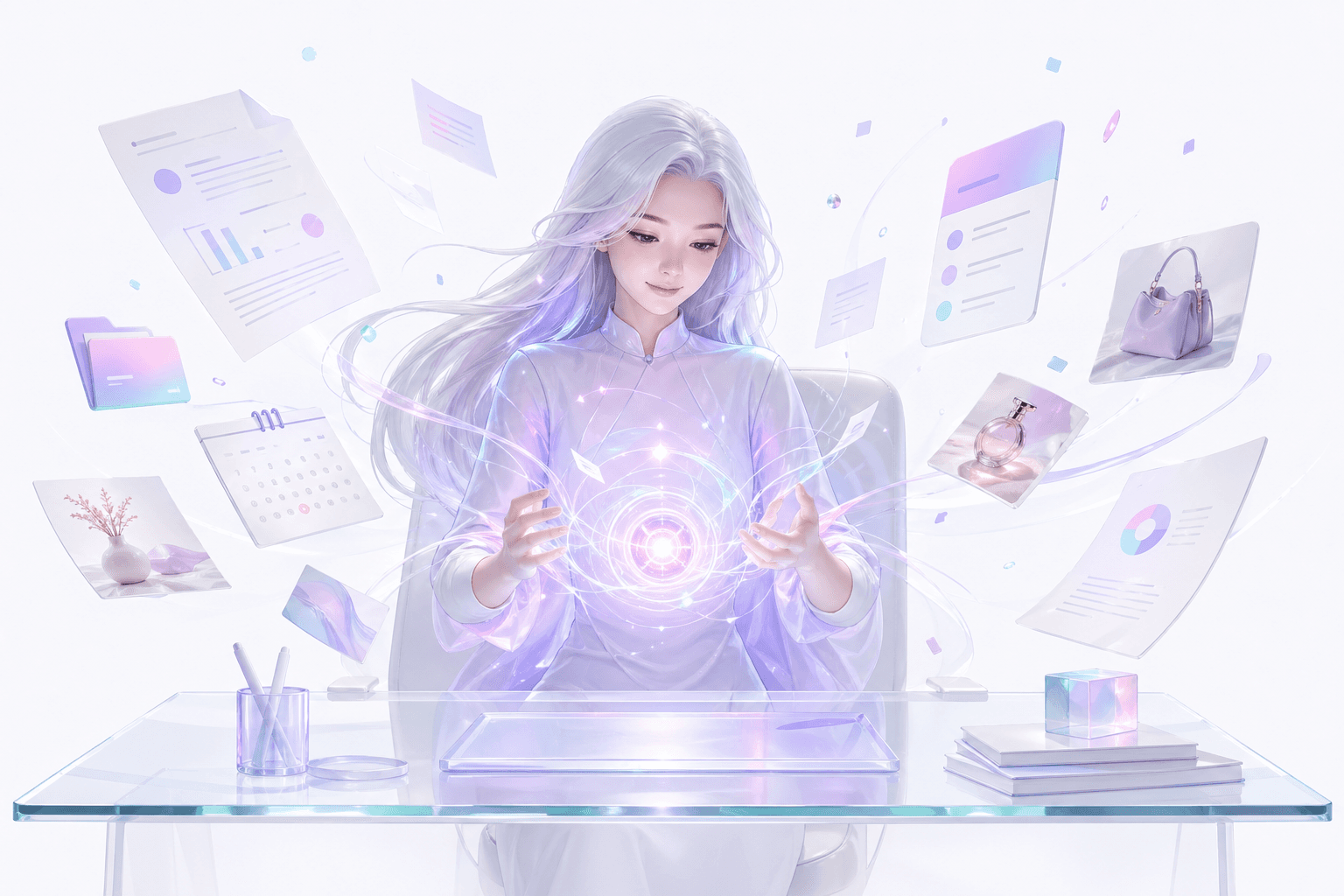 A friendly AI agent at a desk surrounded by floating documents, calendar cards and product photos being absorbed into a glowing core.