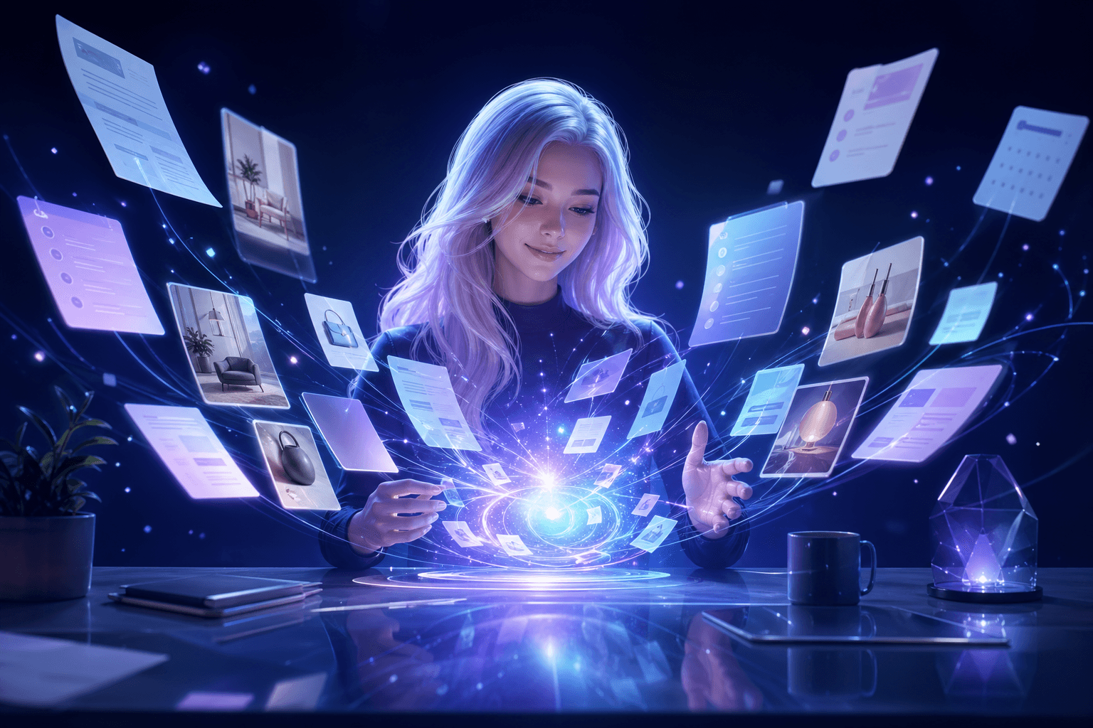 A friendly AI agent at a desk surrounded by floating documents, calendar cards and product photos being absorbed into a glowing core.