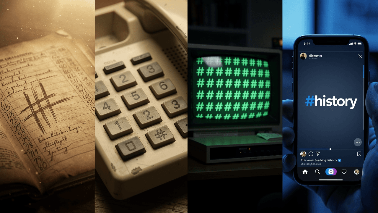 A timeline of the # symbol through history: a Roman ledger, a telephone keypad, a computer terminal, and a smartphone showing a hashtag