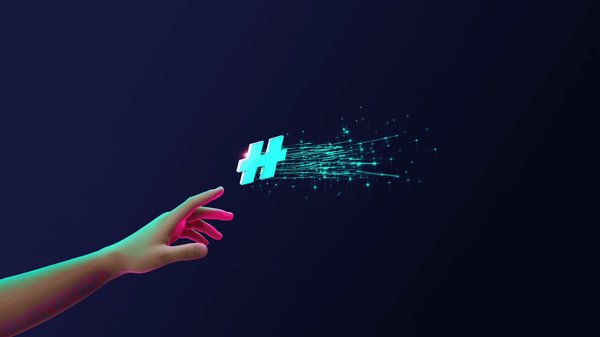 A hand reaching toward a floating glowing hashtag-name token being claimed, with sparks of light.