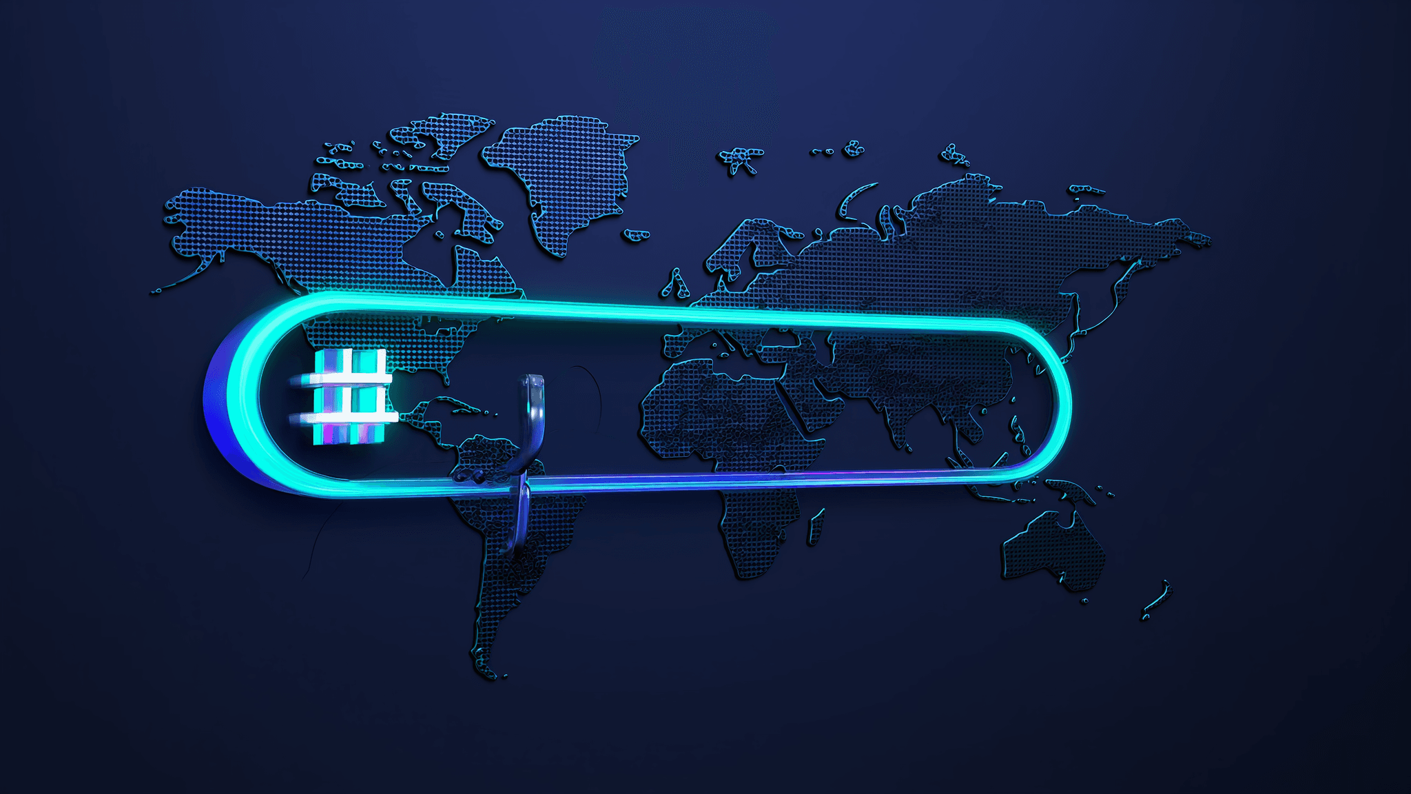 A futuristic glowing search bar with a magnifier hovering over a hashtag symbol above a dark world map.