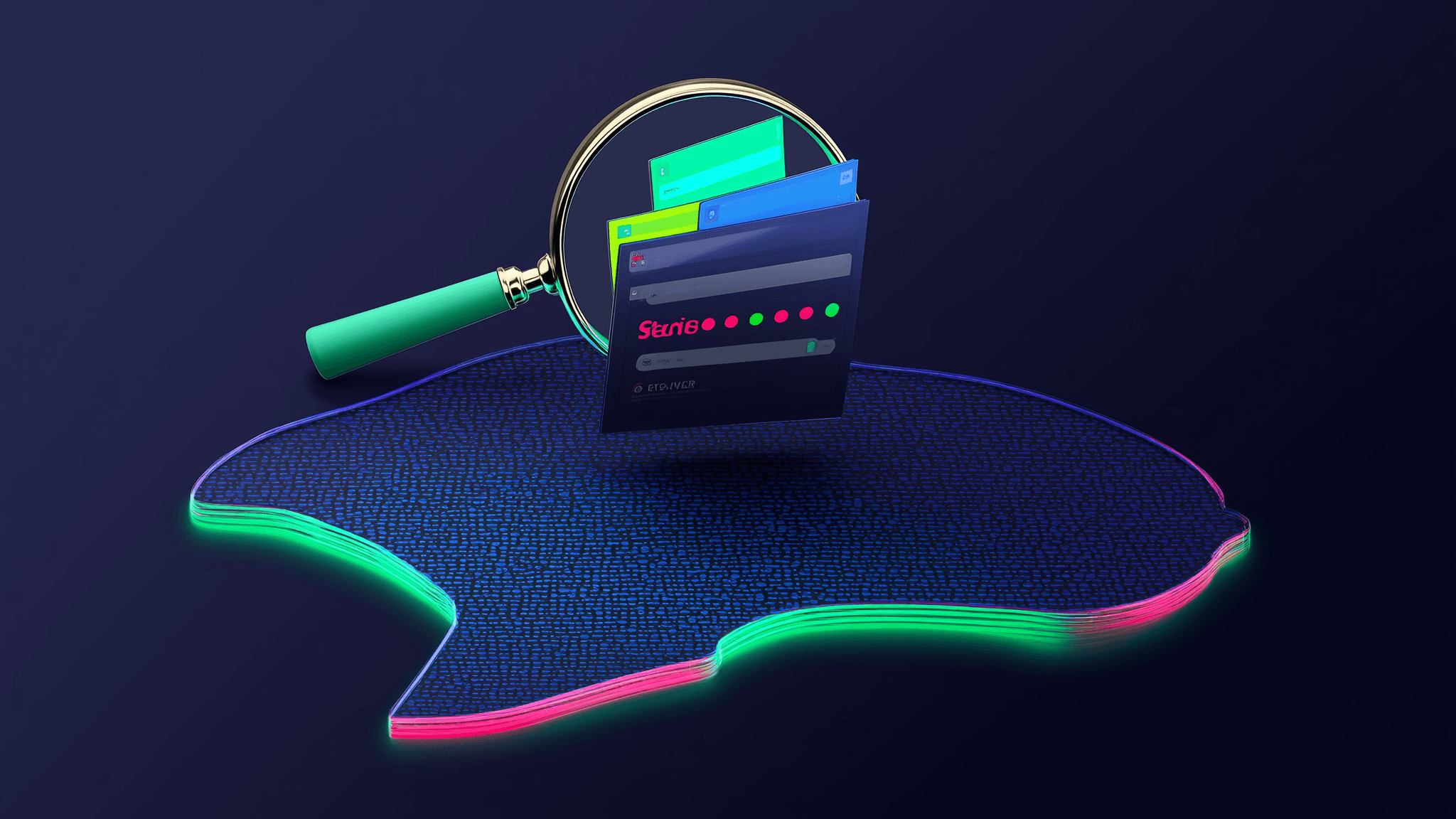 Glowing result cards flowing out of a magnifier over a neon map.
