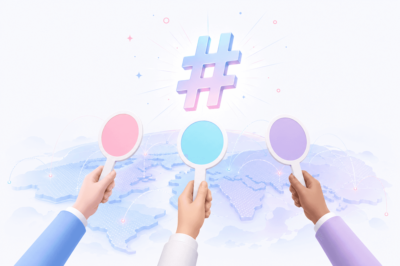 Three auction paddles raised toward a glowing # symbol above a stylized map.