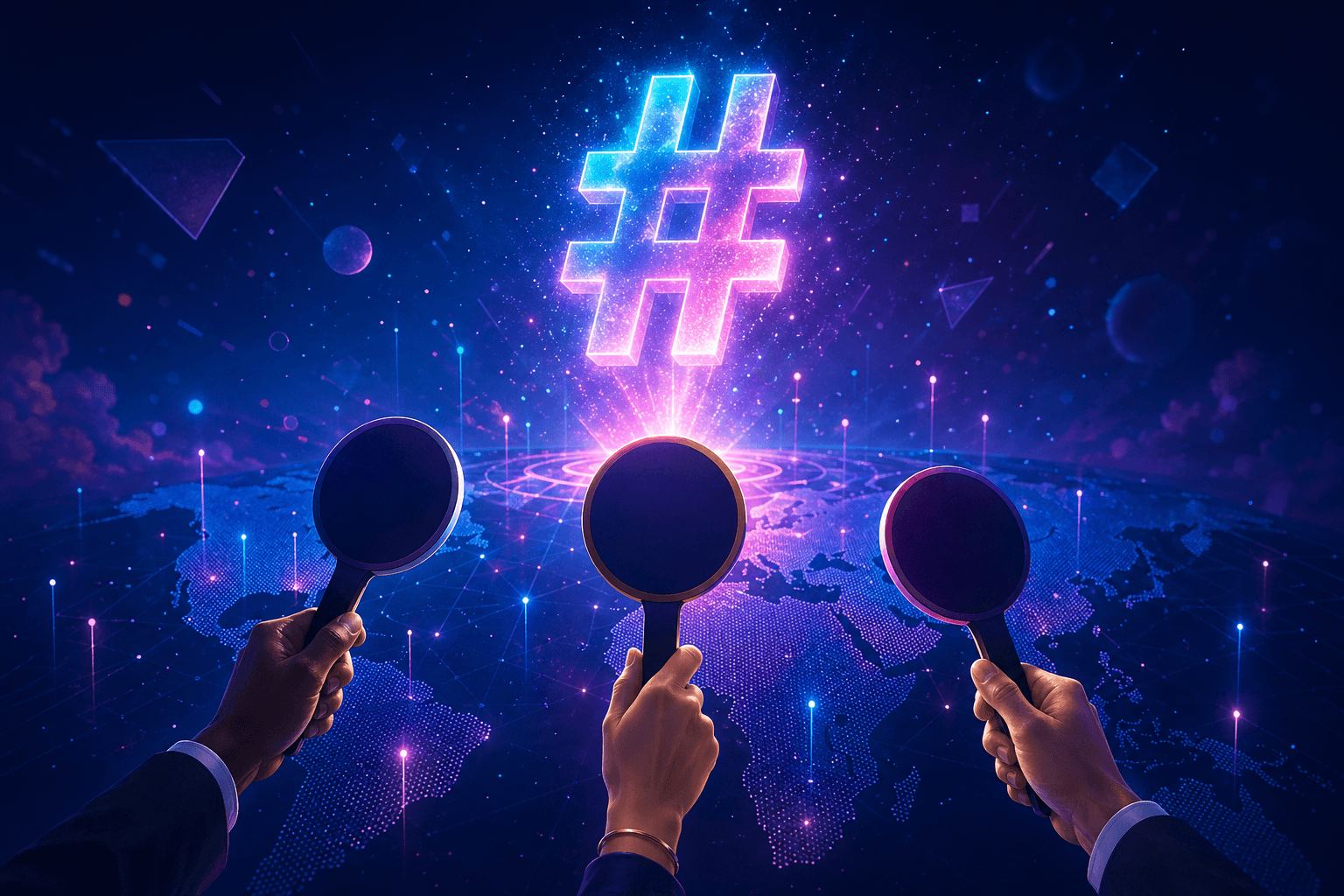 Three auction paddles raised toward a glowing # symbol above a stylized map.