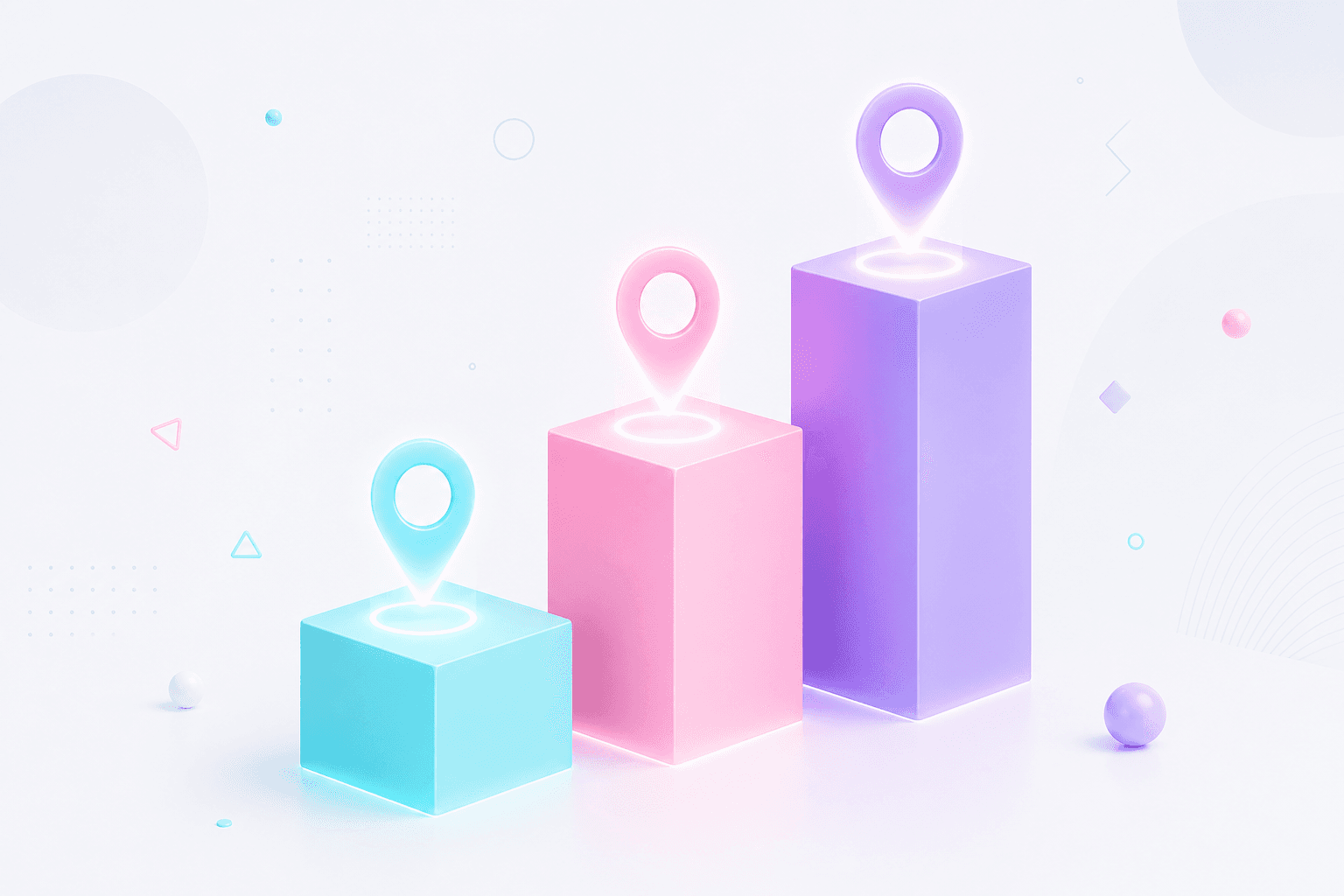 An ascending staircase of three glowing bid bars in cyan, magenta and violet, each topped with a portal pin.