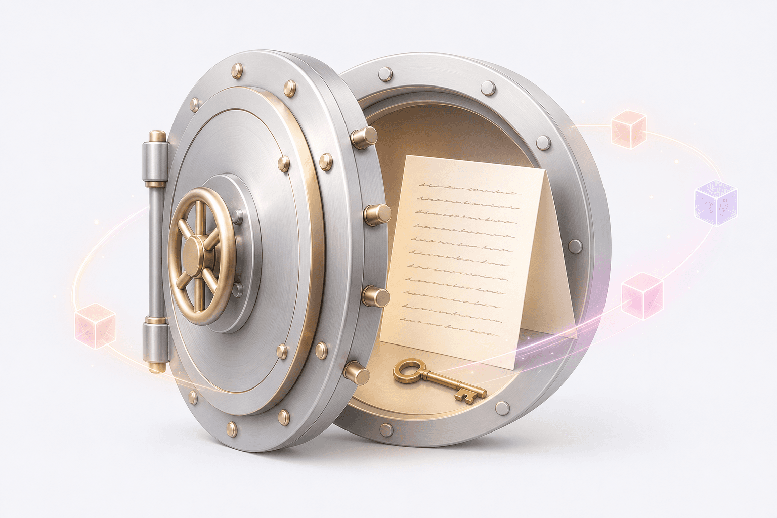A half-open vault containing a folded paper card with twelve handwritten lines, a physical key, and glowing blockchain link icons orbiting around it.