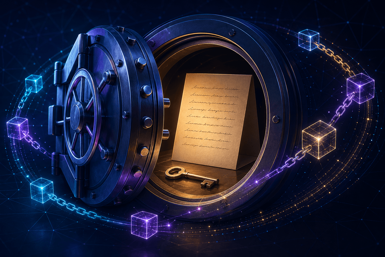A half-open vault containing a folded paper card with twelve handwritten lines, a physical key, and glowing blockchain link icons orbiting around it.