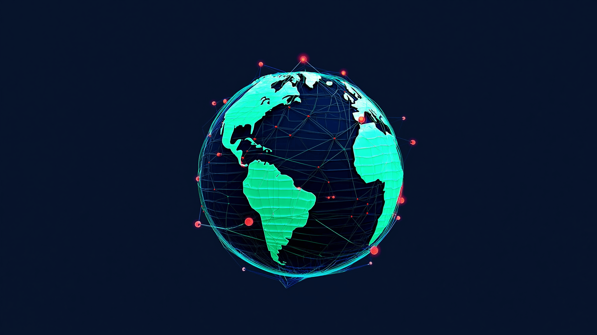 A glowing 3D globe wrapped in luminous network lines with small AI agent nodes orbiting it.