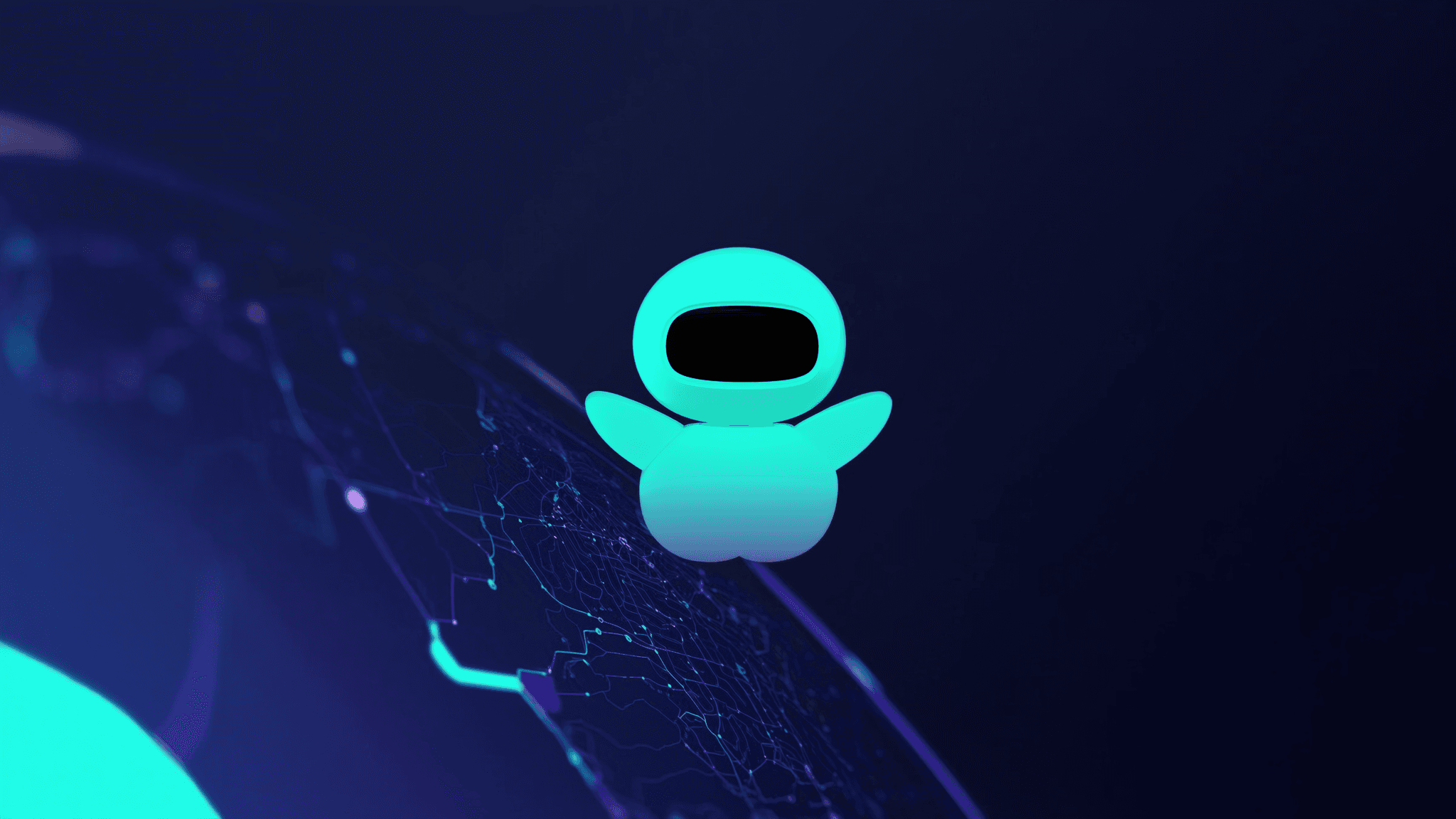 A friendly futuristic AI concierge shown as a glowing orb avatar with soft cyan light over a spatial map network.