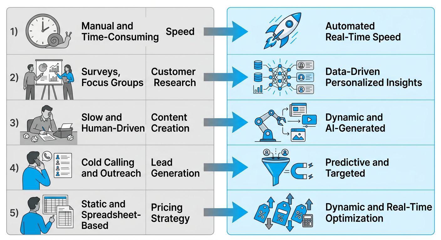 Dual-panel infographic comparing traditional go-to-market strategy in muted grays with AI-enabled strategy in vibrant blues, each showing five components with icons and arrows bridging the two sides.