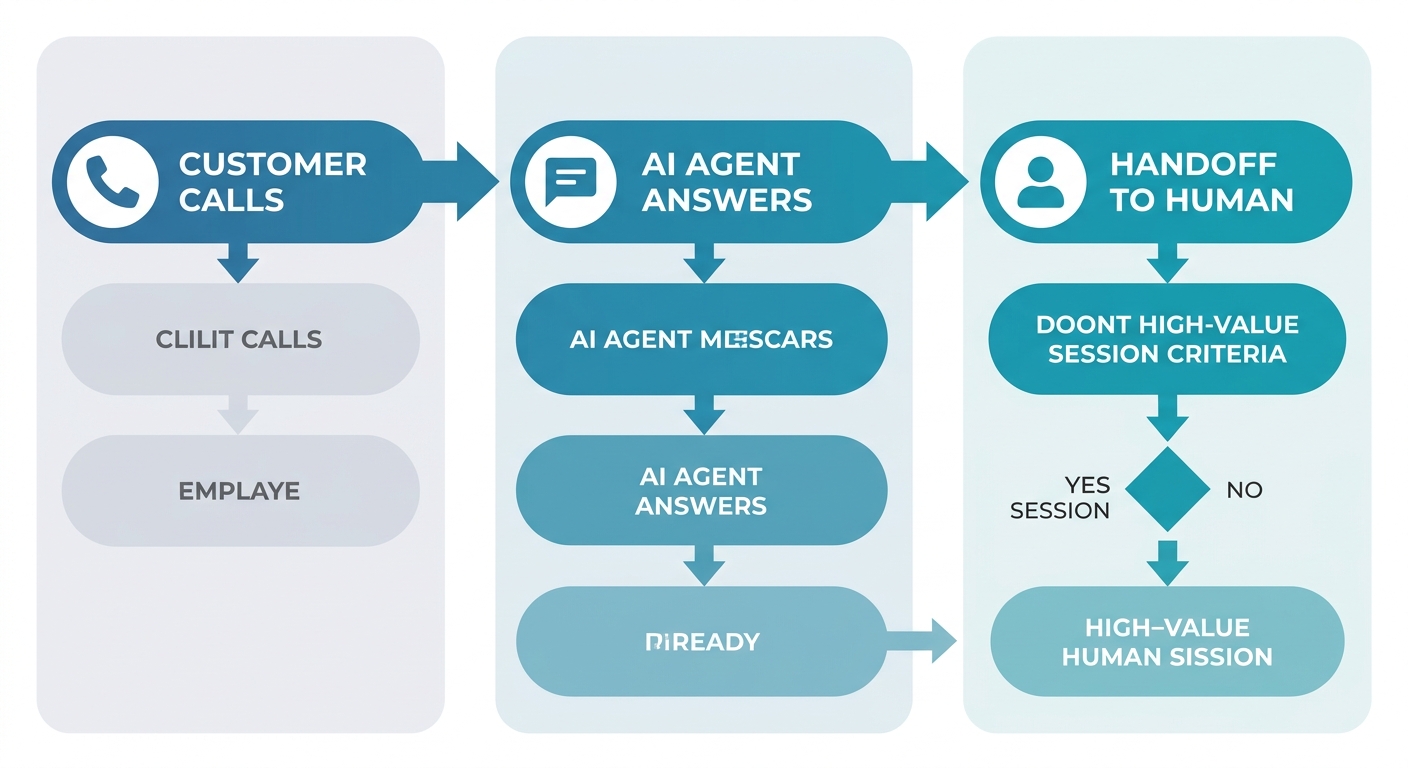 Horizontal process flow diagram showing three steps: Customer Calls, AI Agent Answers, and Handoff to Human, connected by arrows, with phone, chat bubble, and person icons, on a light gray background with blue-teal accents.
