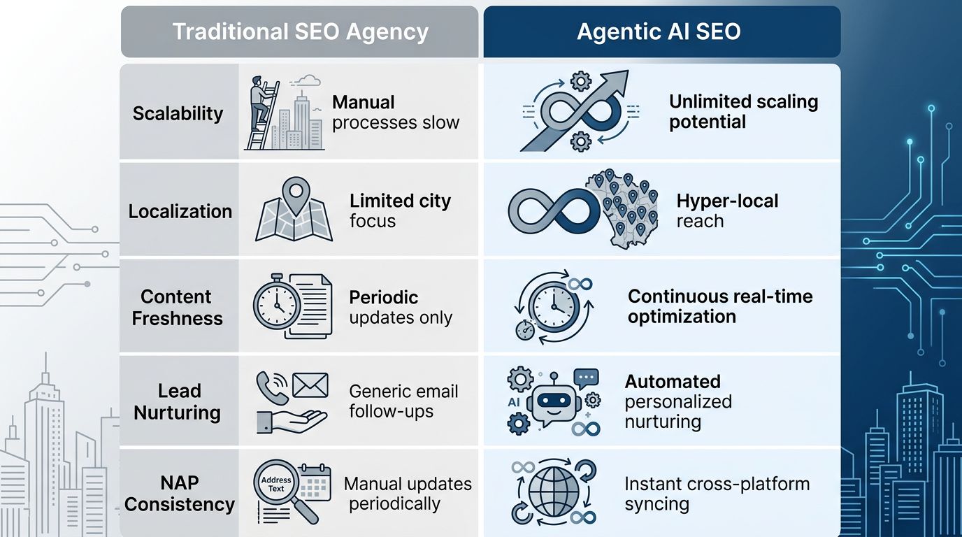 Comparison infographic contrasting Traditional SEO Agency with Agentic AI SEO by hashtag.org across five features: scalability, localization, content freshness, lead nurturing, and NAP consistency.