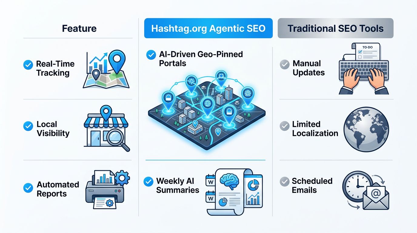 Three-column infographic comparing SEO tools: feature icons, Hashtag.org's Agentic SEO with geo-pinned portals and AI summaries in blue, and traditional SEO tools in gray with manual updates.